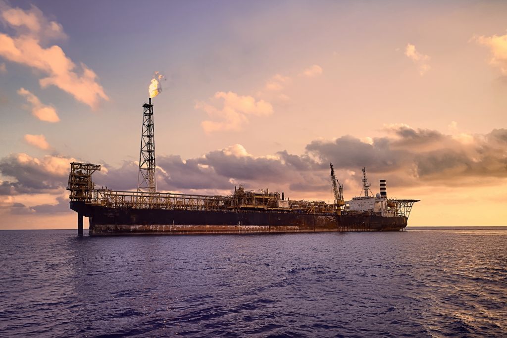FPSO or floating product storage and offload at sea during sunset
