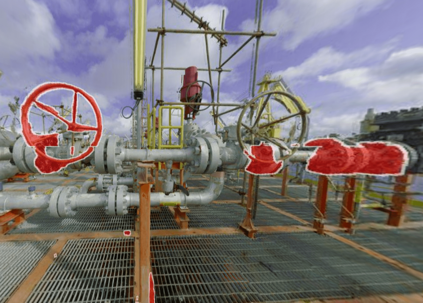 FPSO topside with equipment highlited in red within Vidya Software Platform