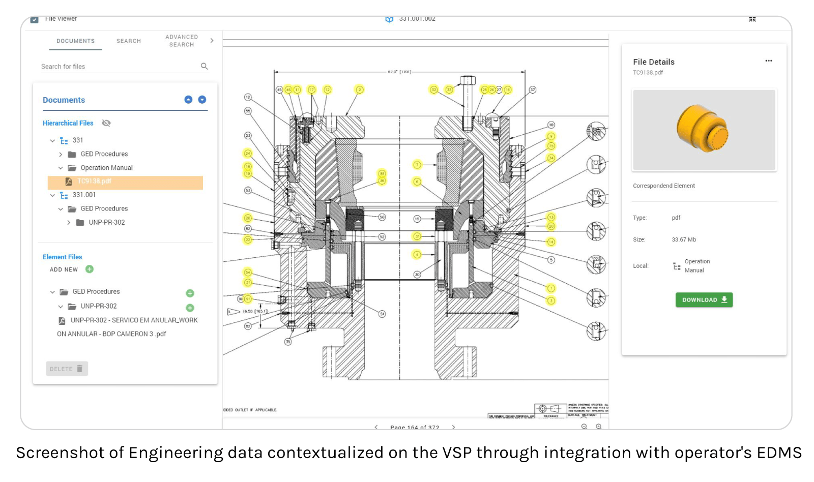 Screenshot of Engineering data contextualized on the VSP through integration with operator's EDMS