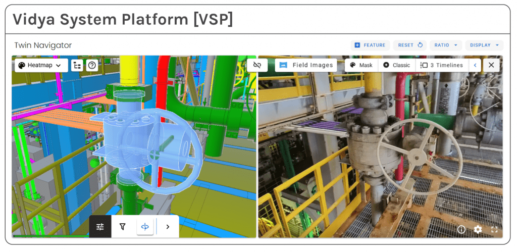 Screenshot of the Vidya System Platform, showing synchronized 3D model and 360º photo.