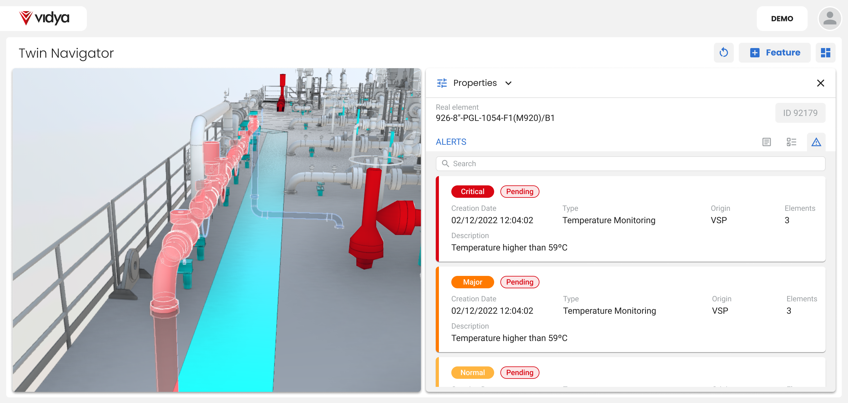 Alerts The "Twin Navigator" interface showing an automated alert system for risk visibility. On the left, a 3D model of an industrial facility highlights a specific section of piping in red to signify a critical status. On the right, a detailed "Alerts" panel displays a list of pending notifications, including a critical temperature alert for 59°C. This demonstrates how the system provides visibility into overdue actions or incomplete information by linking data directly to the physical asset model.