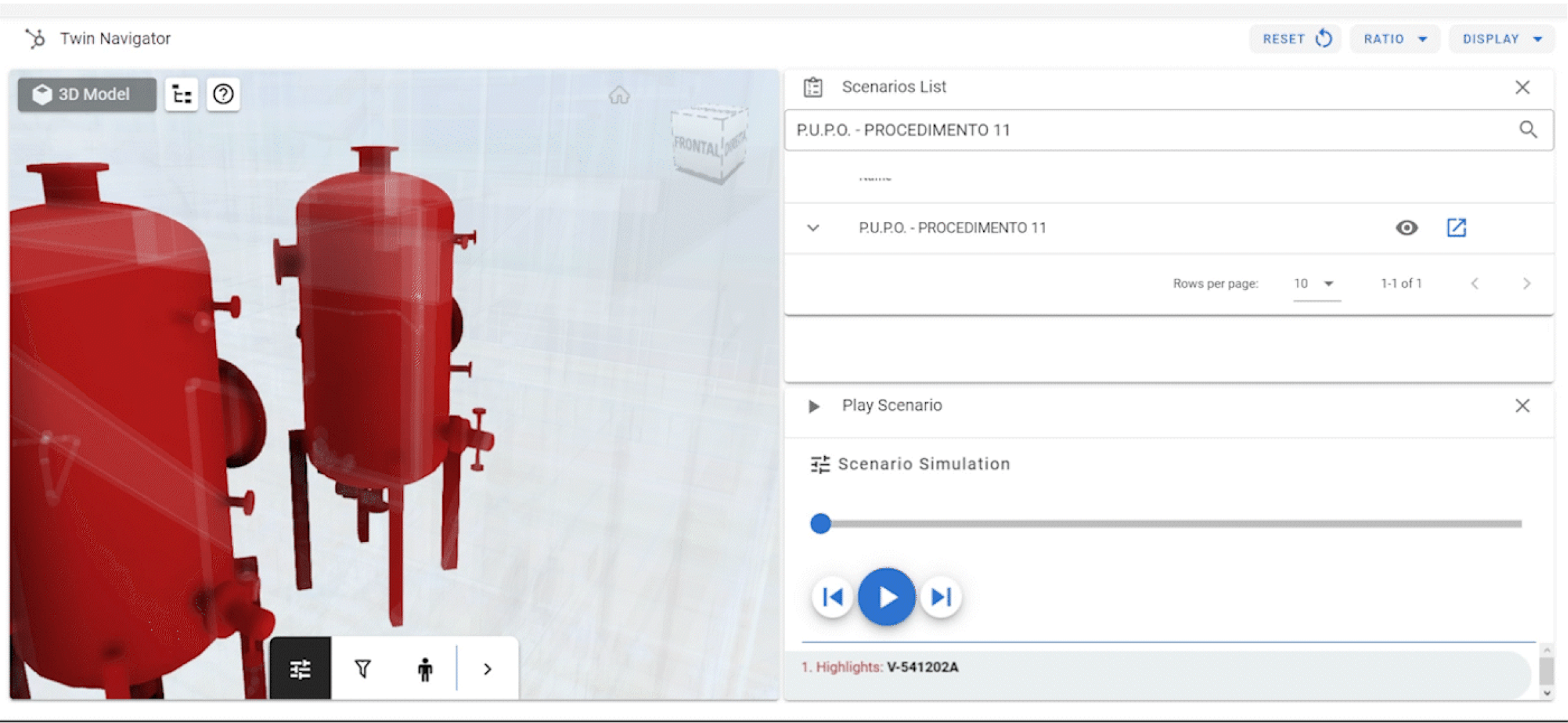 The "Twin Navigator" interface showcasing the Scenarios feature. To the left, a 3D model highlights industrial pressure vessels in red, representing an initiating risk event. To the right, a "Scenario Simulation" panel includes a playback timeline and controls, allowing users to visualize animations of risk propagation across assets and the sequence of response actions needed to contain the impact.