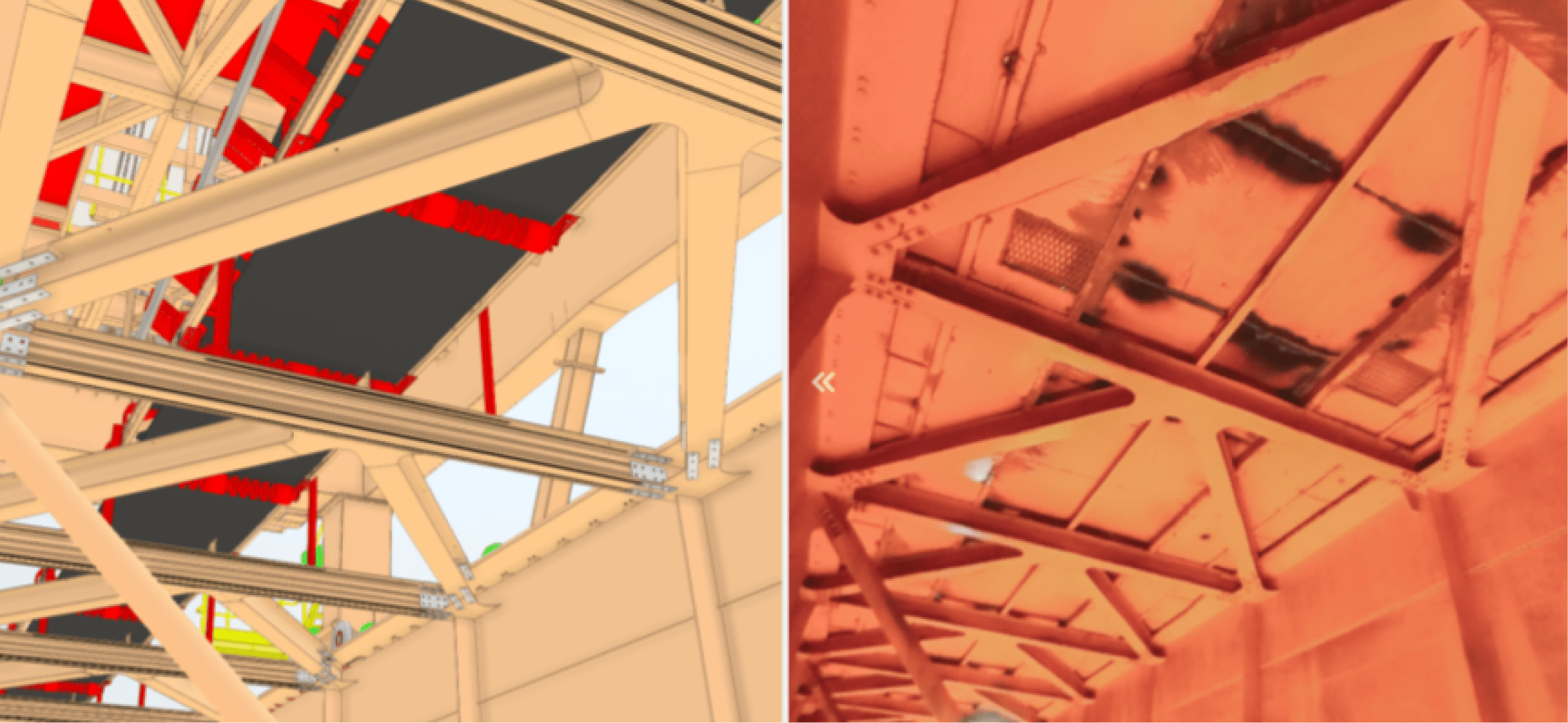 Based on the context provided in the image, here is an alt text description for the left side of the graphic: Alt Text: A side-by-side comparison showing a Digital Twin interface. On the left, a clean, high-fidelity 3D CAD model of an industrial truss and beam structure is displayed. On the right, a corresponding thermal heatmap or real-world scan of the same structure is shown in shades of orange and red, illustrating how data and studies are contextualized within the 3D model.