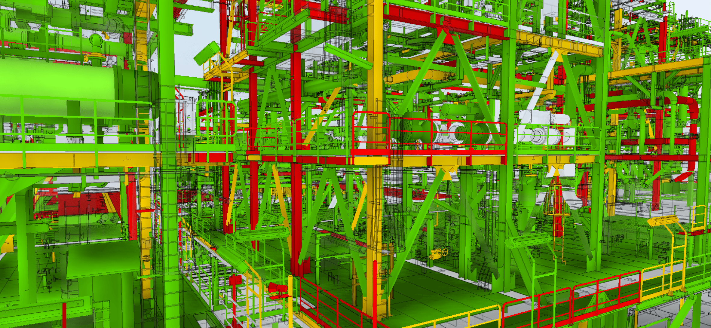 A complex 3D digital model of an industrial facility or refinery, functioning as a heatmap for risk management. The structural components, piping, and platforms are color-coded in green, yellow, and red based on a hazard risk matrix. The red sections highlight concentrated risk zones where interventions are most critical, while green indicates low-risk areas.