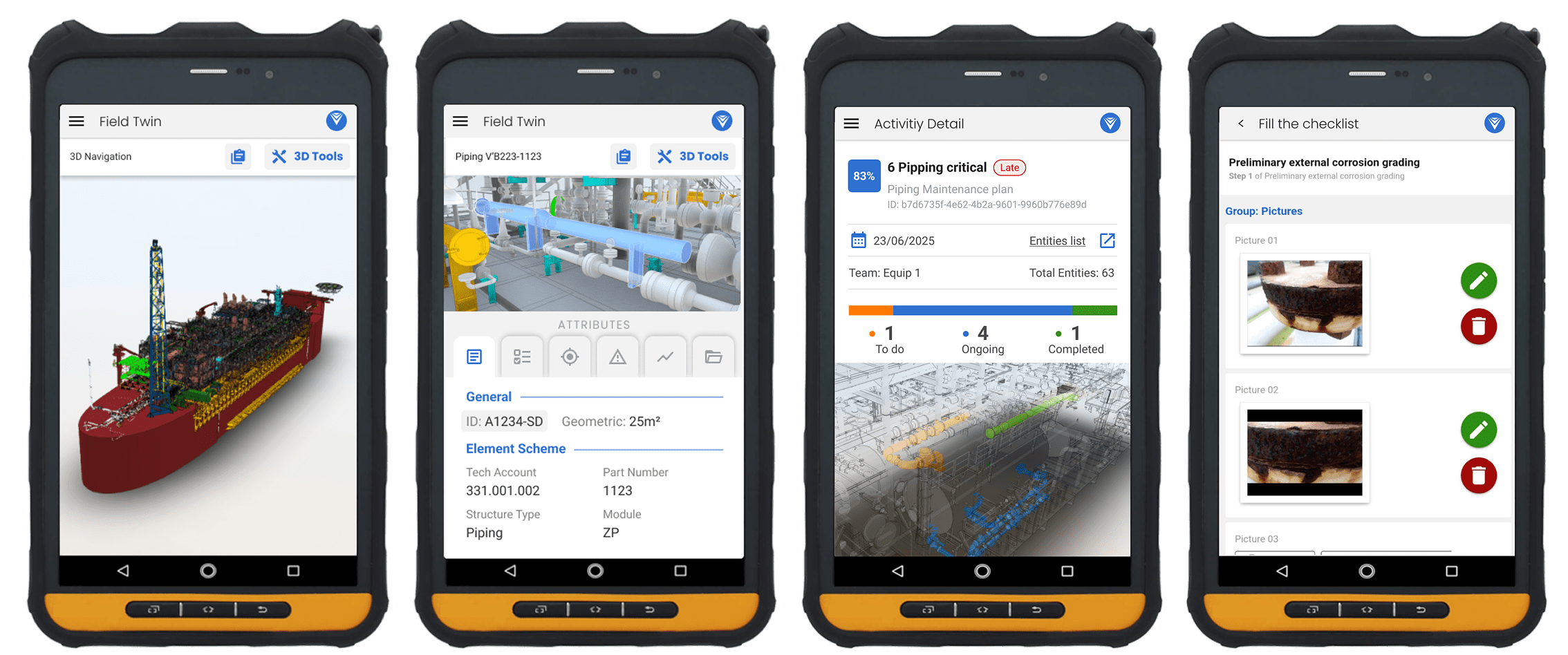 Four ruggedized mobile devices displaying different interface screens of a field application. The screens showcase the system's core capabilities: a 3D visualization of an offshore vessel, a detailed asset attribute view for piping, an activity dashboard with guided maintenance workflows and status bars, and a digital checklist for onsite validation featuring photo evidence and electronic forms.