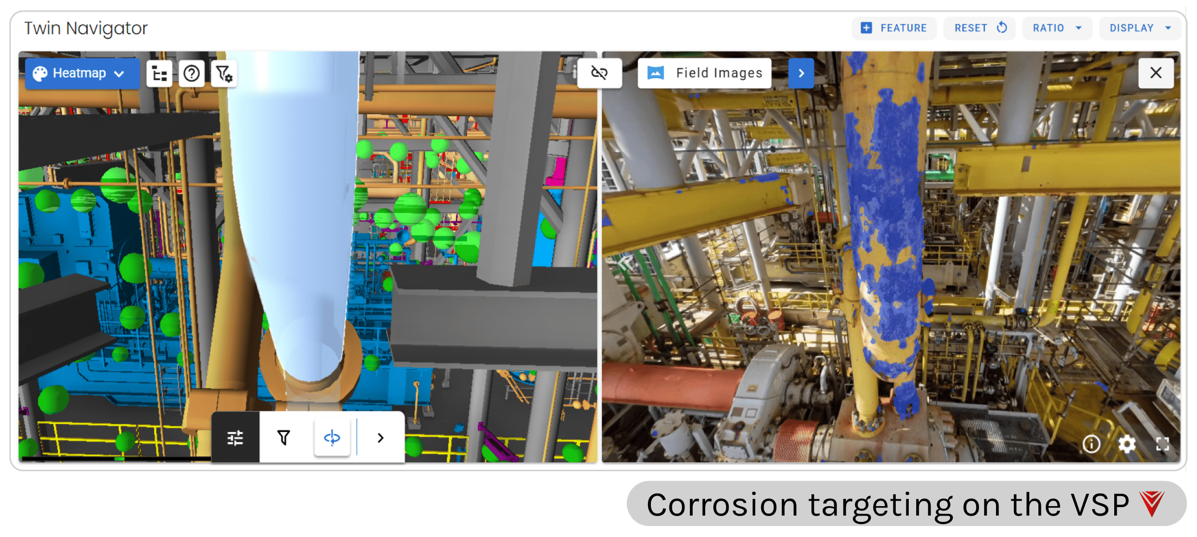 Digital twin interface displaying industrial piping alongside real-world inspection image and asset data panel, enabling contextual analysis of conditions.