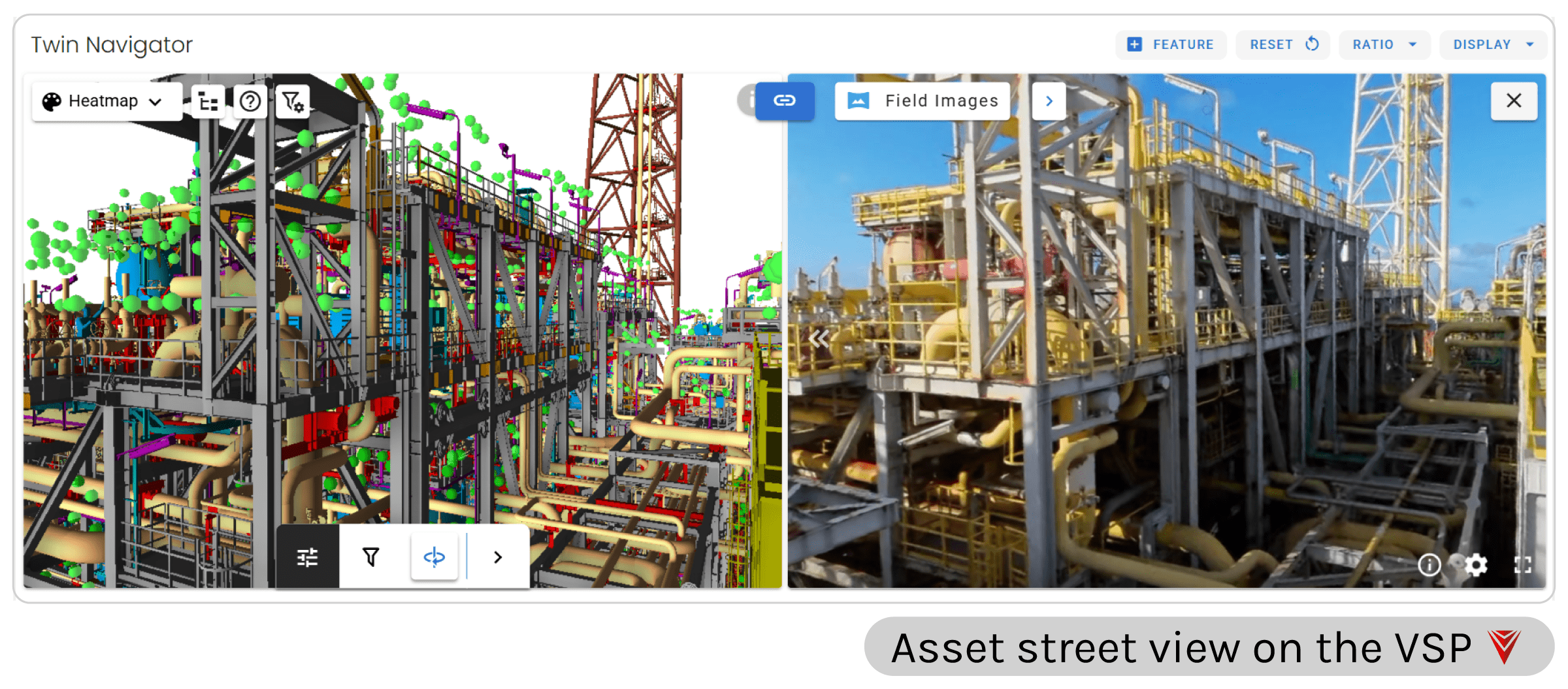 3D model aligned with field image highlighting corrosion areas on piping, showing paint degradation and targeted inspection zones in an offshore platform.