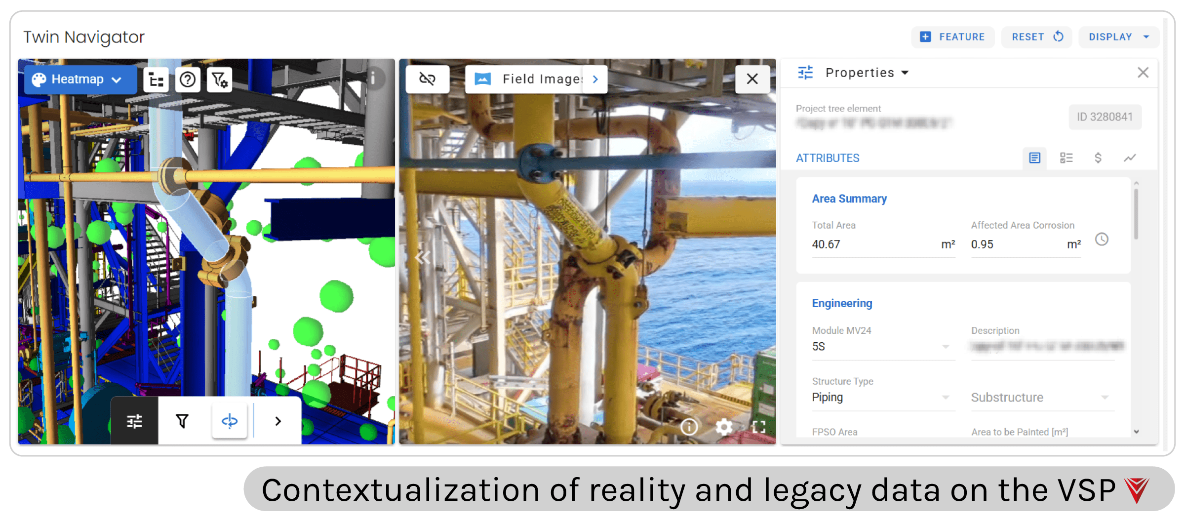 Split view comparing a 3D industrial model with a real field image, showing structural alignment and asset verification in an offshore facility.