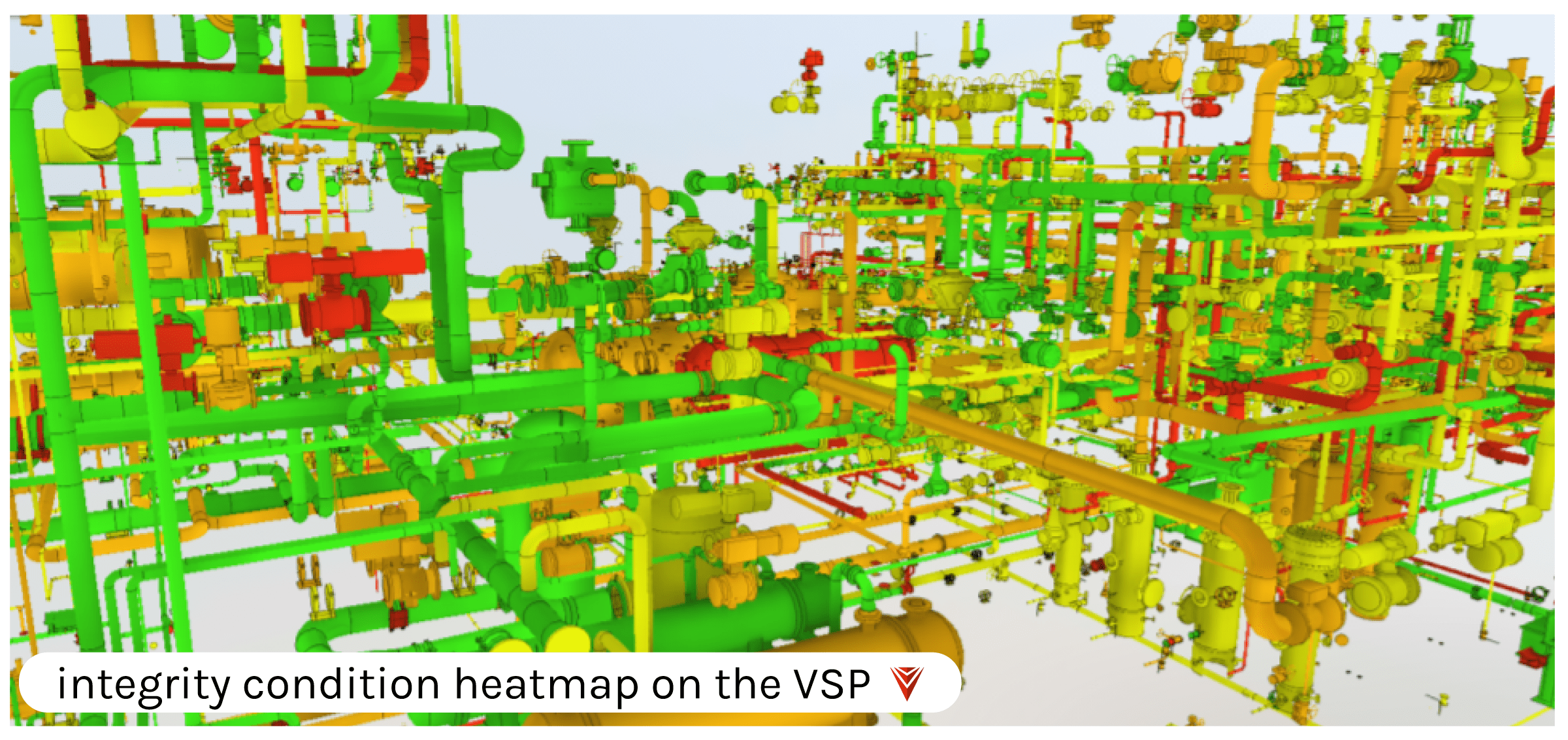 3D industrial piping system with color-coded heatmap indicating asset integrity levels, highlighting areas of low, medium, and high risk.