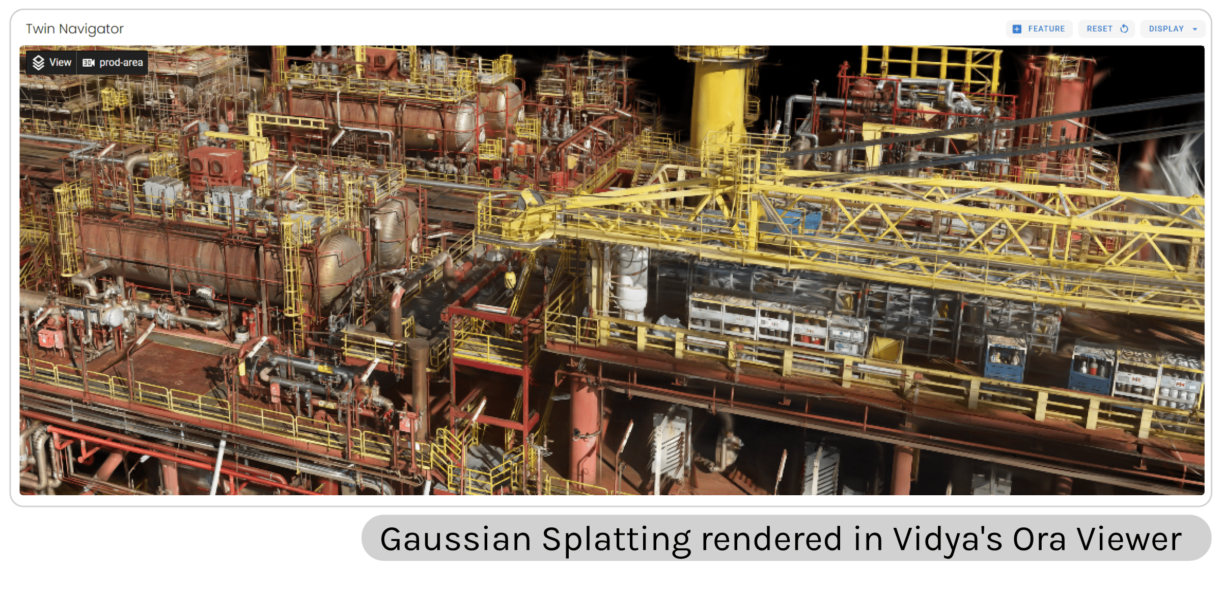 High-detail industrial facility digital twin rendered with gaussian splatting, showing complex piping, structures, and equipment in a realistic 3D environment.