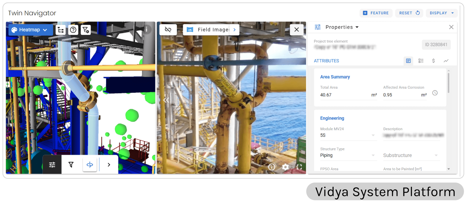 Vidya platform interface showing an industrial 3D model with a heatmap alongside a real field image of equipment, with a properties panel on the right.