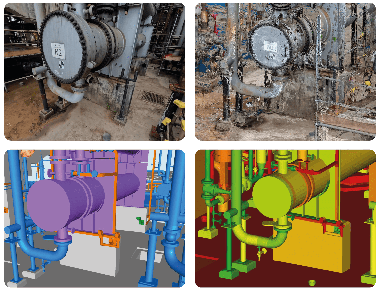Comparison between field images, cloud point, and 3D model showcasing heatmaps field divergences