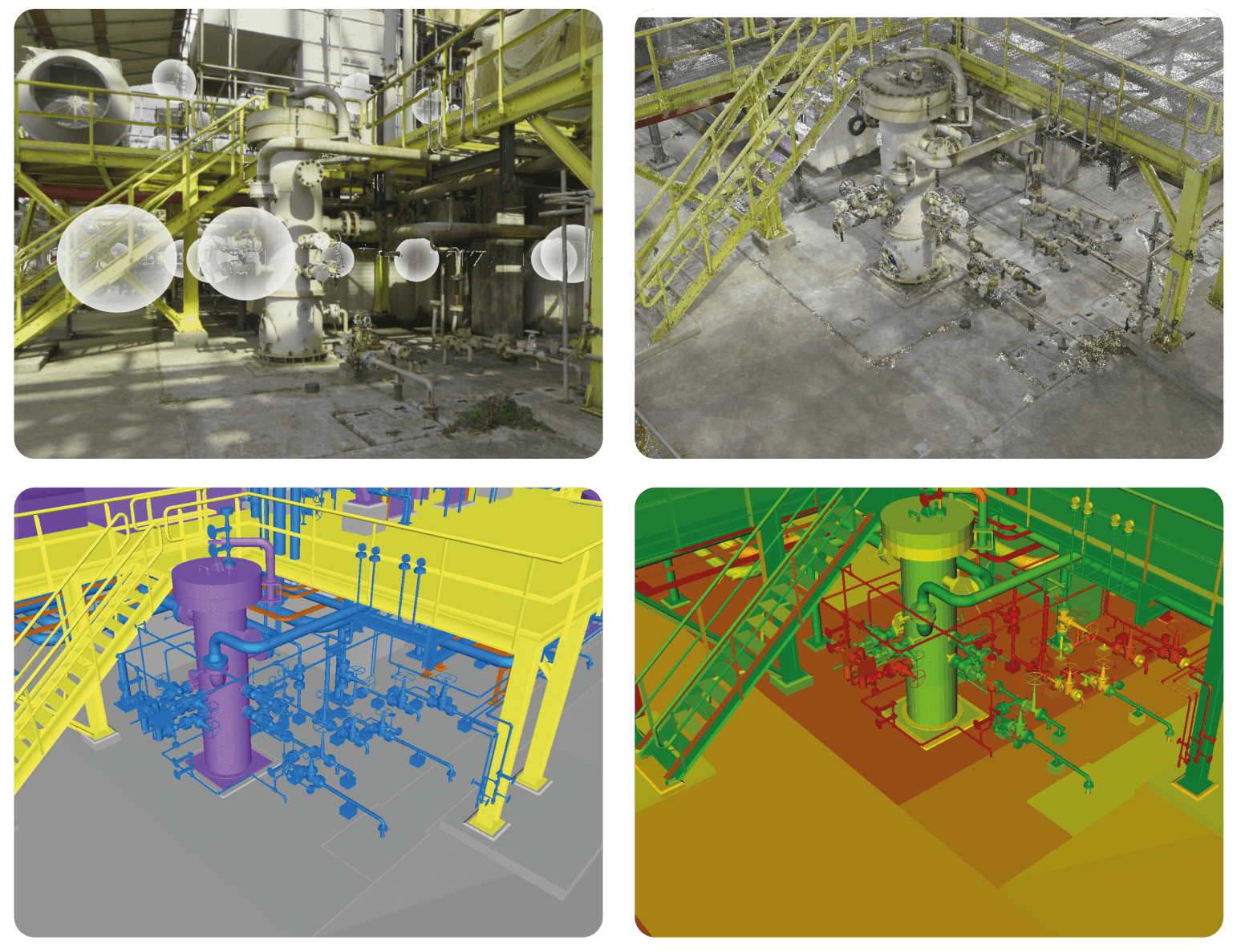 Comparison between field images, cloud point and 3D model showcasing a heatmap of field divergences