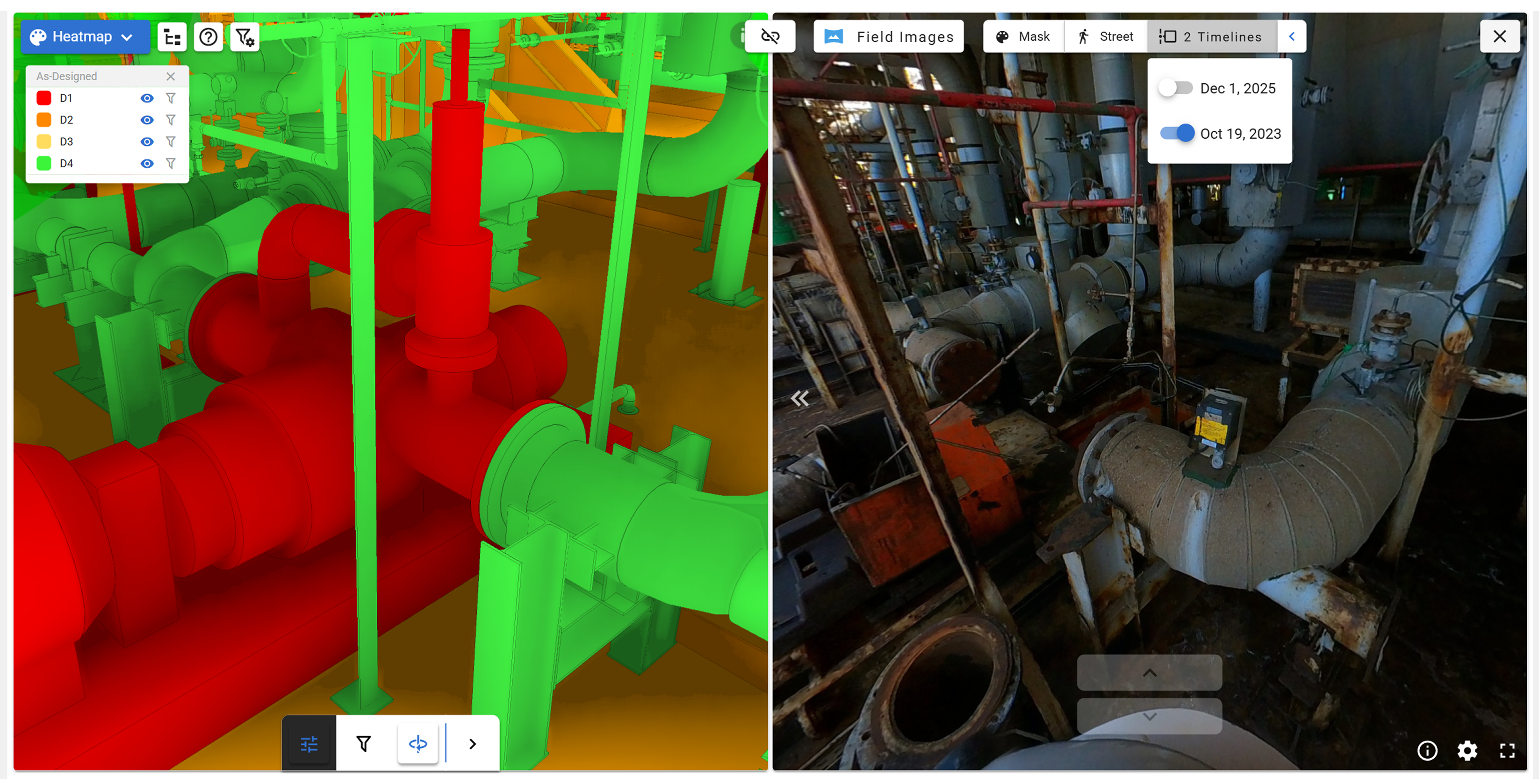 Group 111 Vidya's system screenshot of a Comparison between field images and 3D model showcasing field divergences